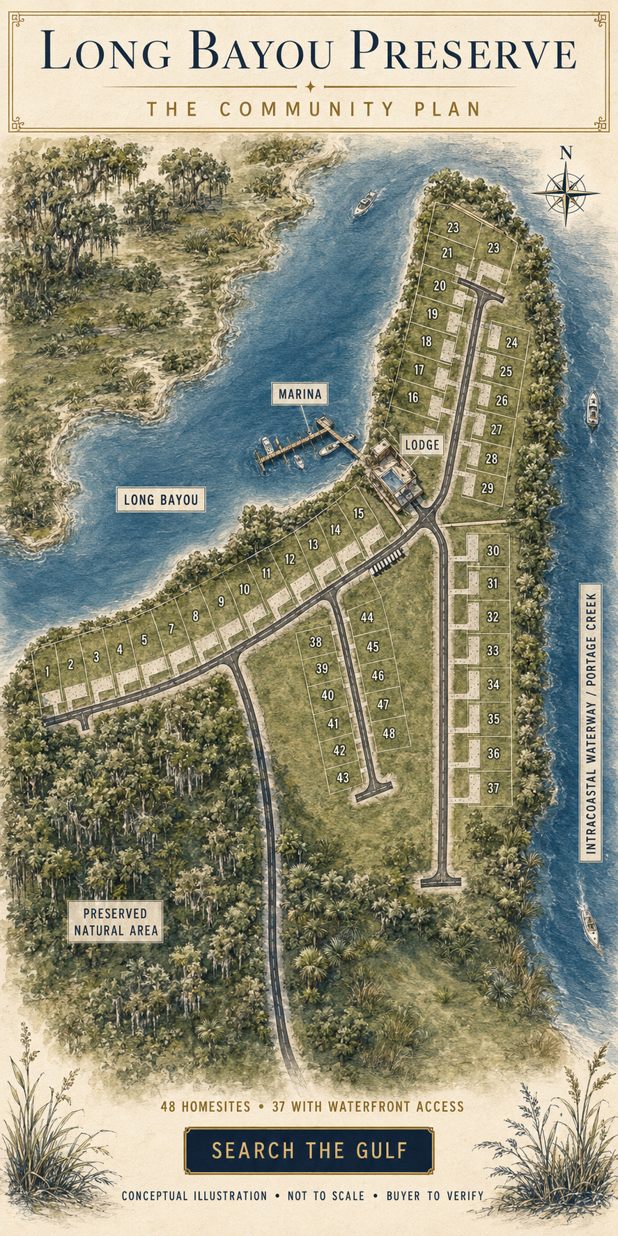 Long Bayou Preservice Neighborhood Site Plan Homes and Waterfront Homesites for Sale and Construction